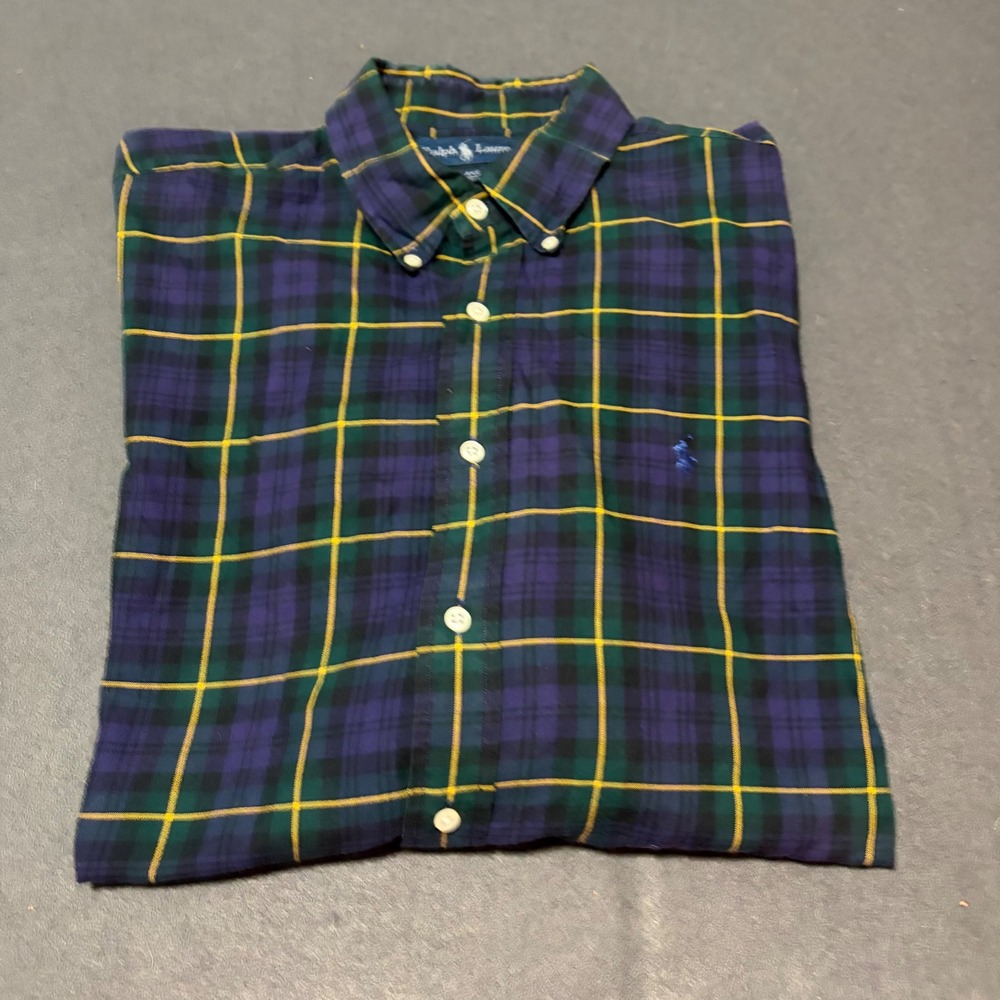 Ralph Lauren Button Down Shirt Blake Men XL Blue Green Yellow Plaid Fall Cotton